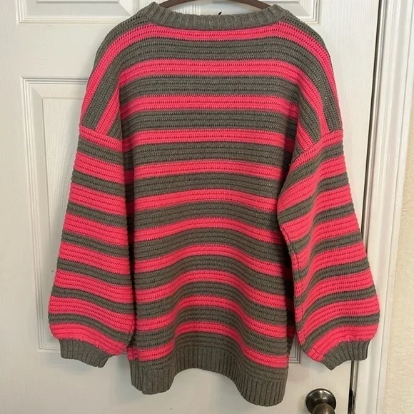 NWOT Free People, Links Pullover, Pink/Gray Stripes - Picture 8 of 8